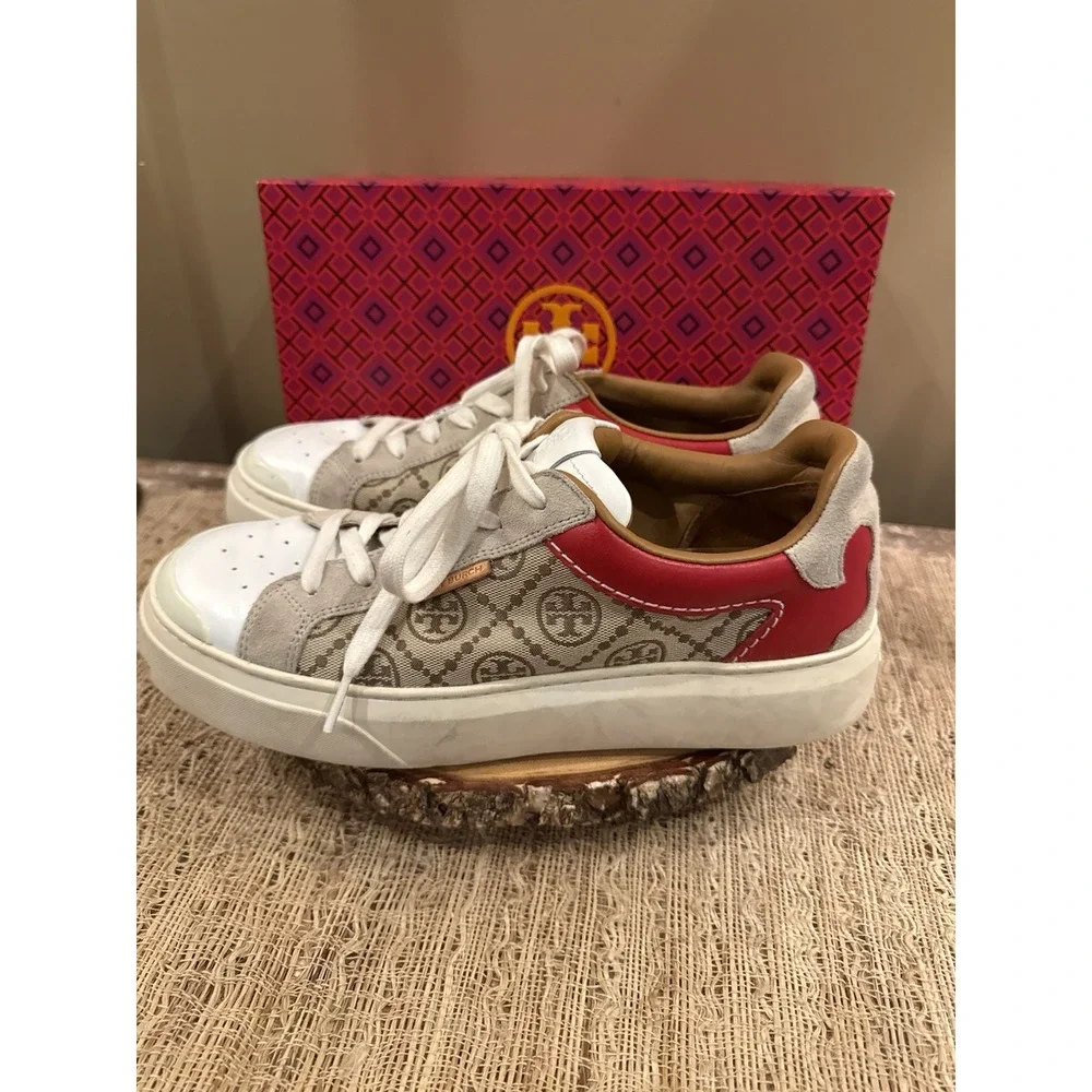Tory Burch T Monogram Ladybug Court Sneaker 10.5M Beige Logo Red Leather Retro